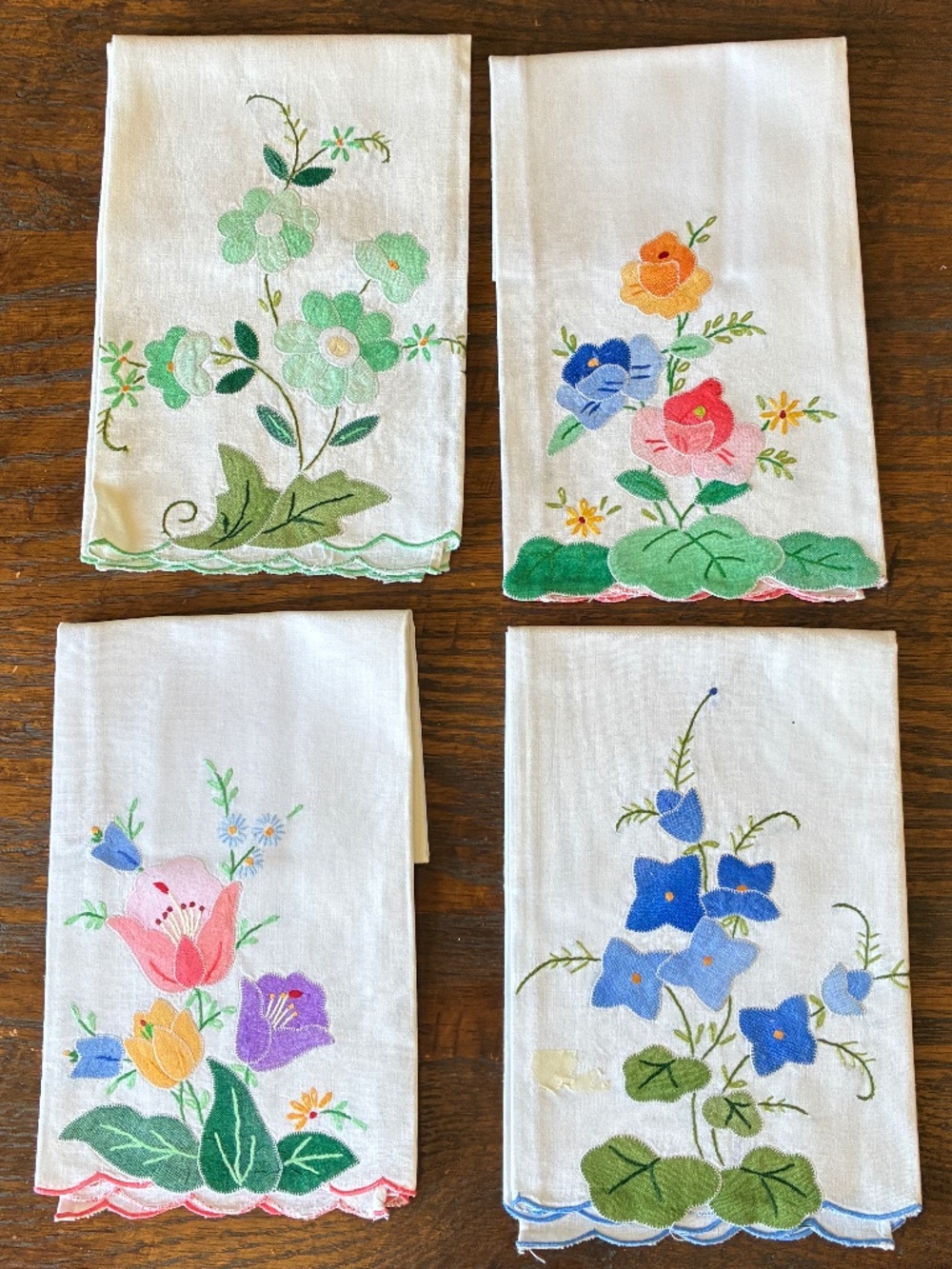 Vintage Hand Appliquéd and Embroidered Guest Hand Towels New